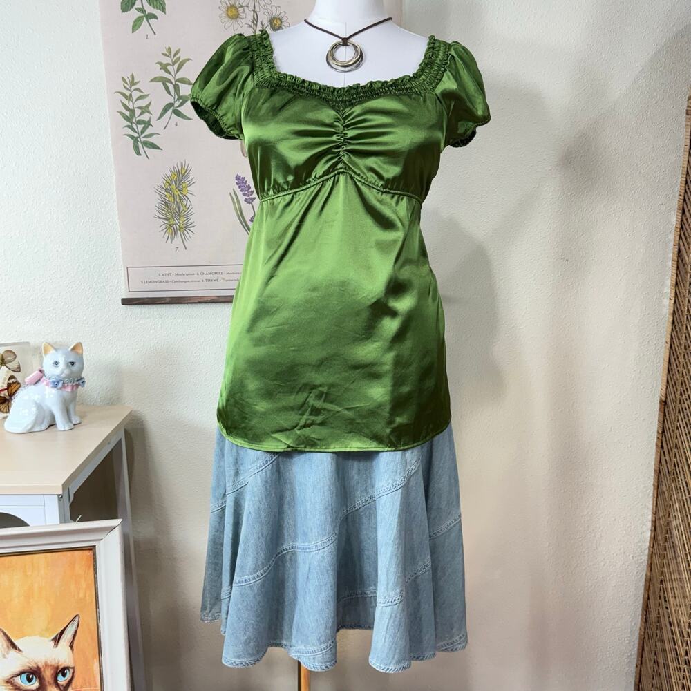 90s Y2k Satin Babydoll Peasant Top Whimsigoth Fairy Forest Romantic Witchy L